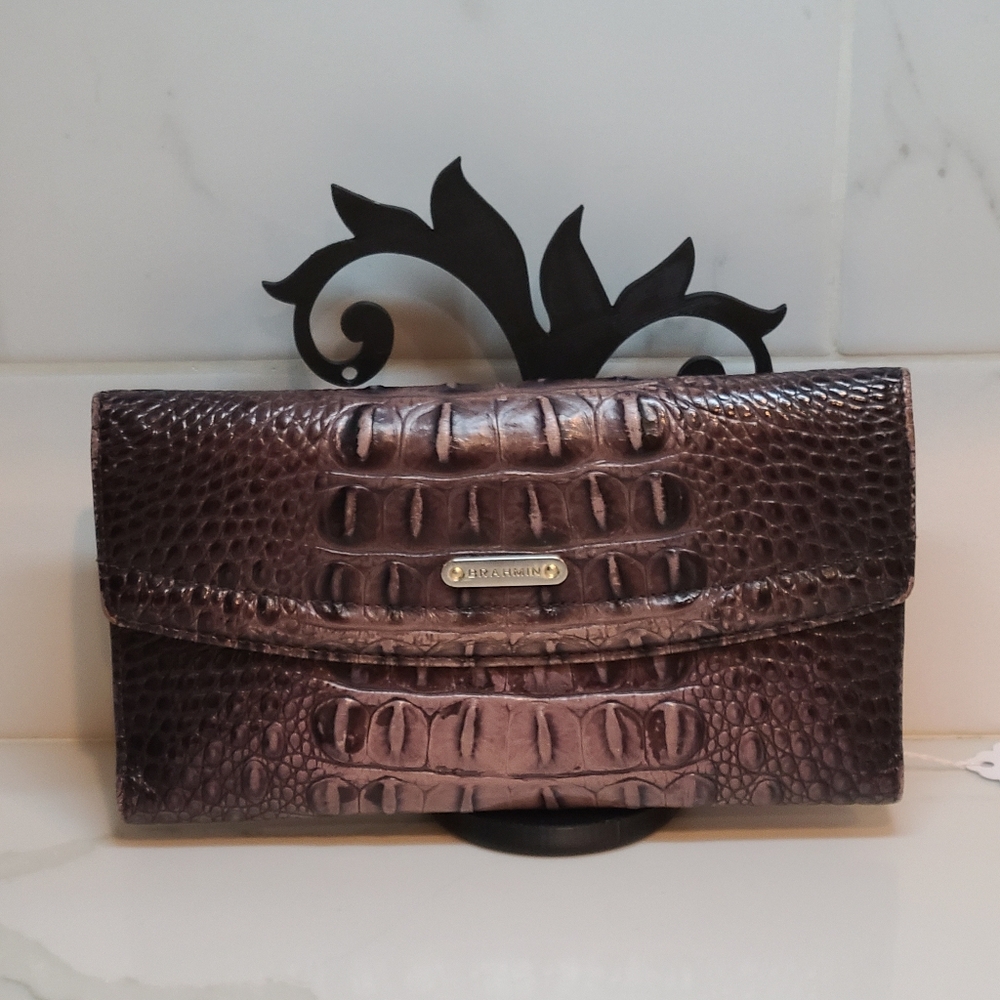 Brahmin Vintage Checkbook Tri-Fold Wallet Cocoa Melbourne GUC